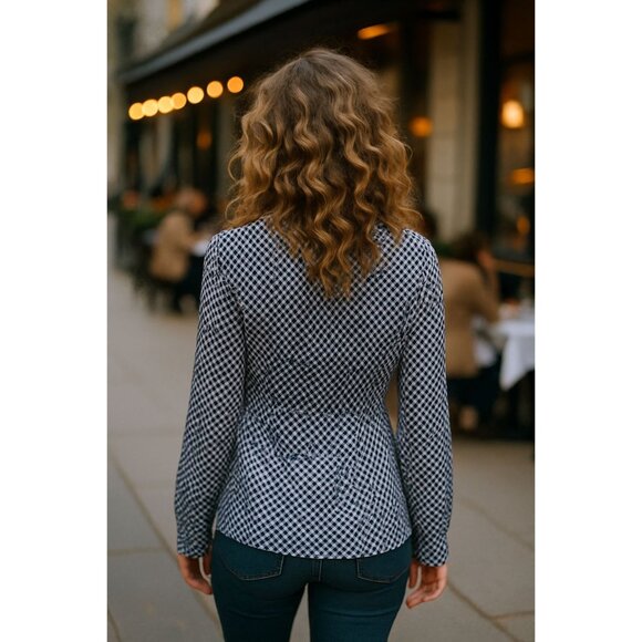 Ann Taylor Size 8 Navy Silk Blouse Geometric Print Long Sleeve Side Zip Y2K Work - Picture 4 of 13